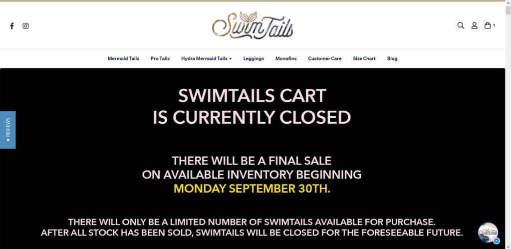 Swimtails.com macht dicht. Ab dem 30. September gibt es aber noch einen Ausverkauf. (Screenshot: Swimtails.com)